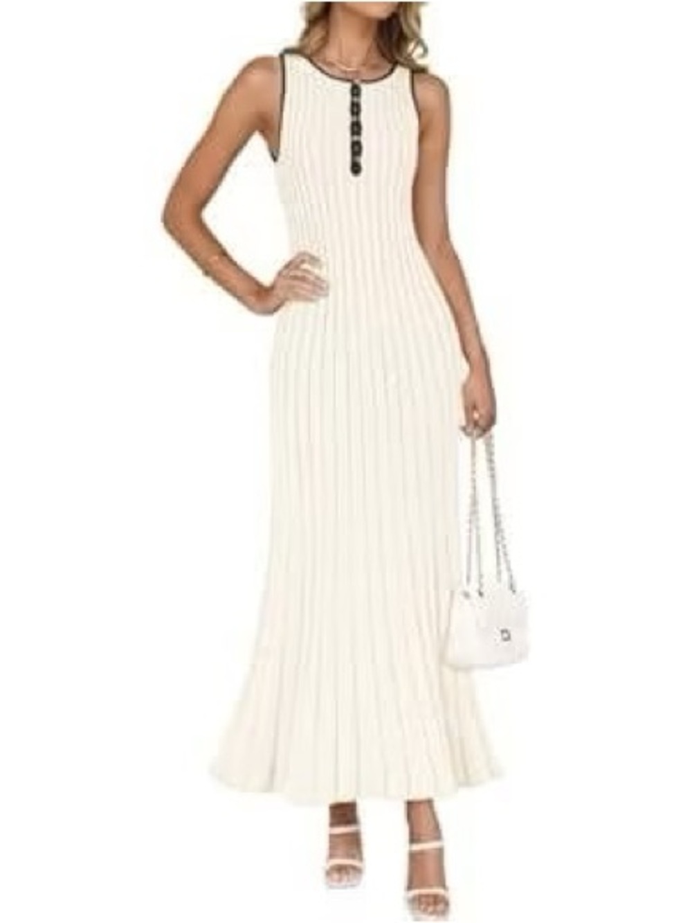 Sleeveless Cream Maxi Dress with Black Contrast Trim